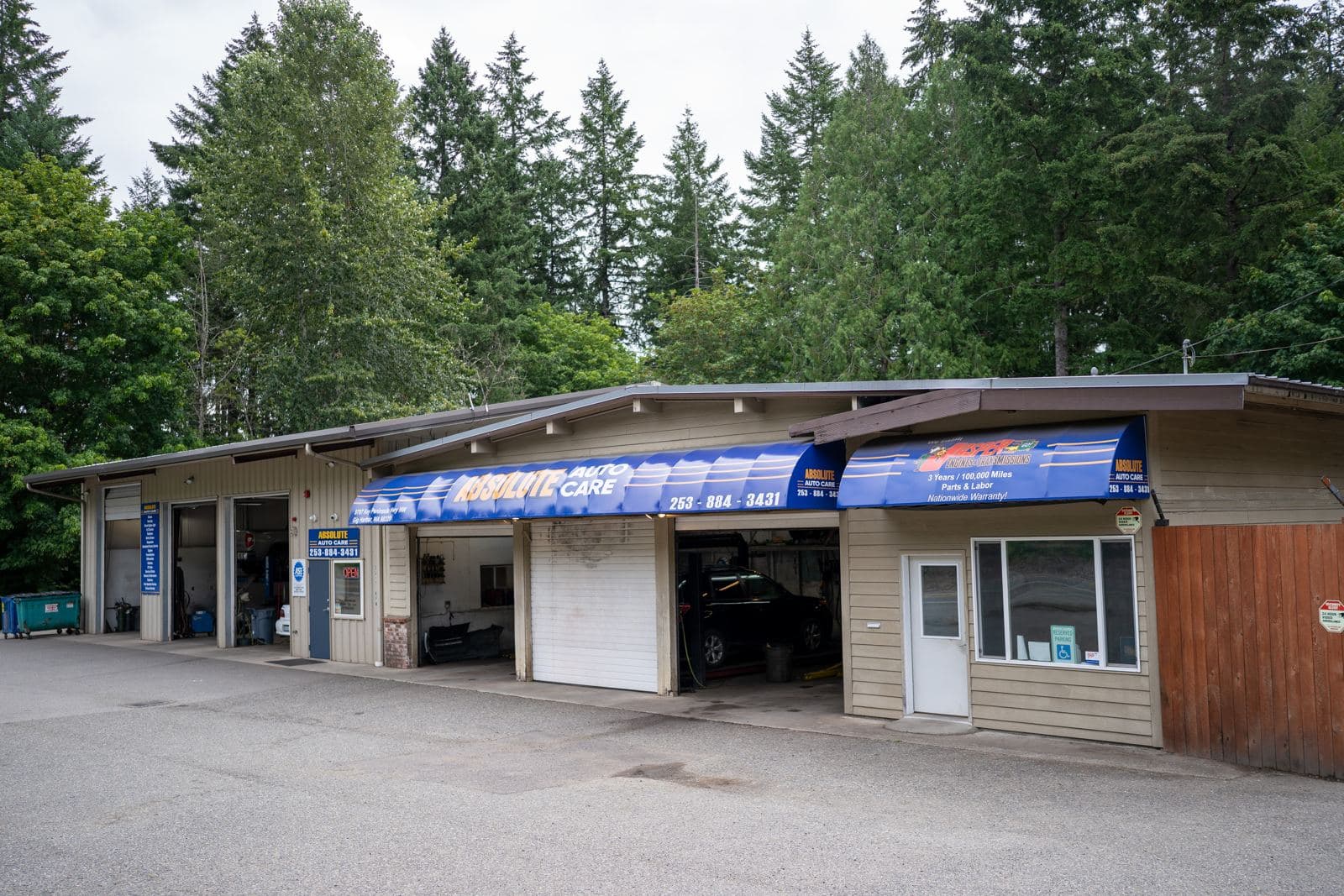 Exterior of the Absolute Auto Care shop on Key Peninsula Hwy in Gig Harbor, WA