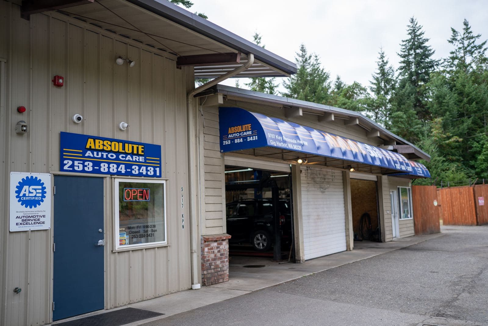 Exterior of the Absolute Auto Care shop on Key Peninsula Hwy in Gig Harbor, WA